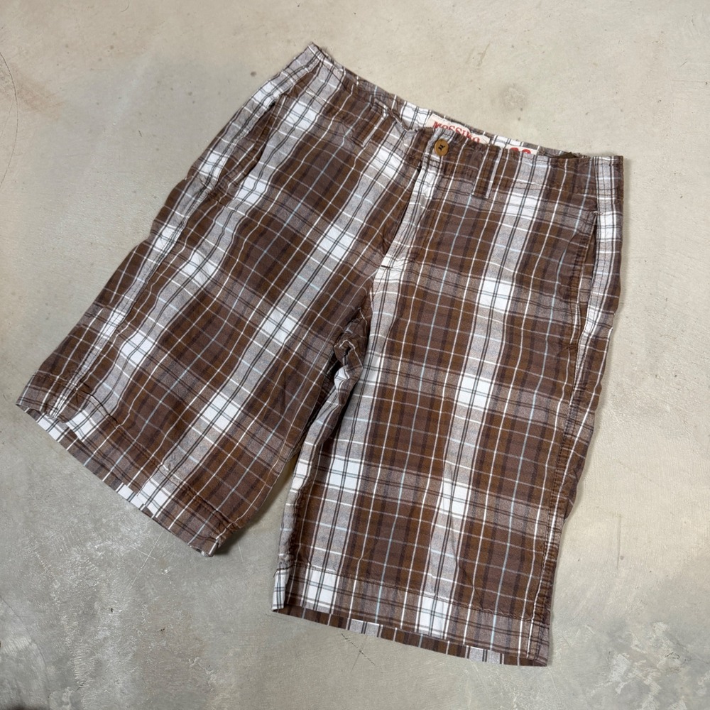 Mossimo Supply Co Mens Plaid Shorts Size 30 Brown White Flat Front Casual